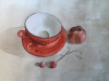 Little cups and pomegranate. Watercolor and India ink with silver background, 50 x 33 cm.